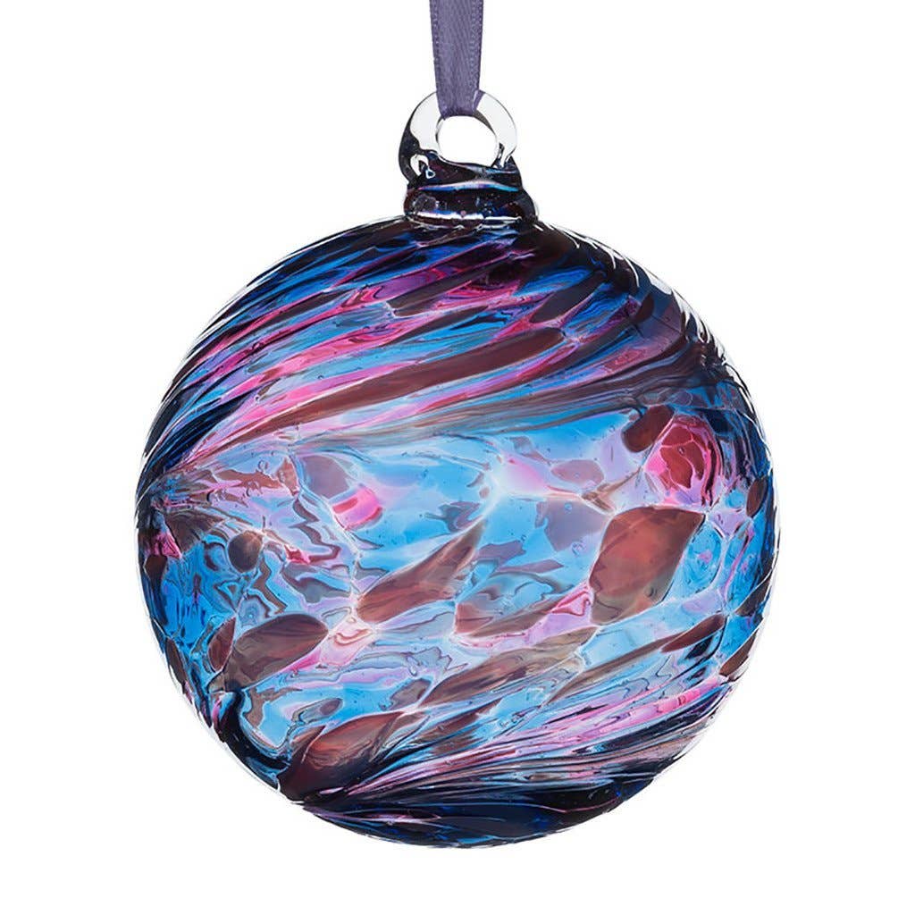 Hand-blown glass friendship ball in swirling blue and pink with ribbon for hanging
