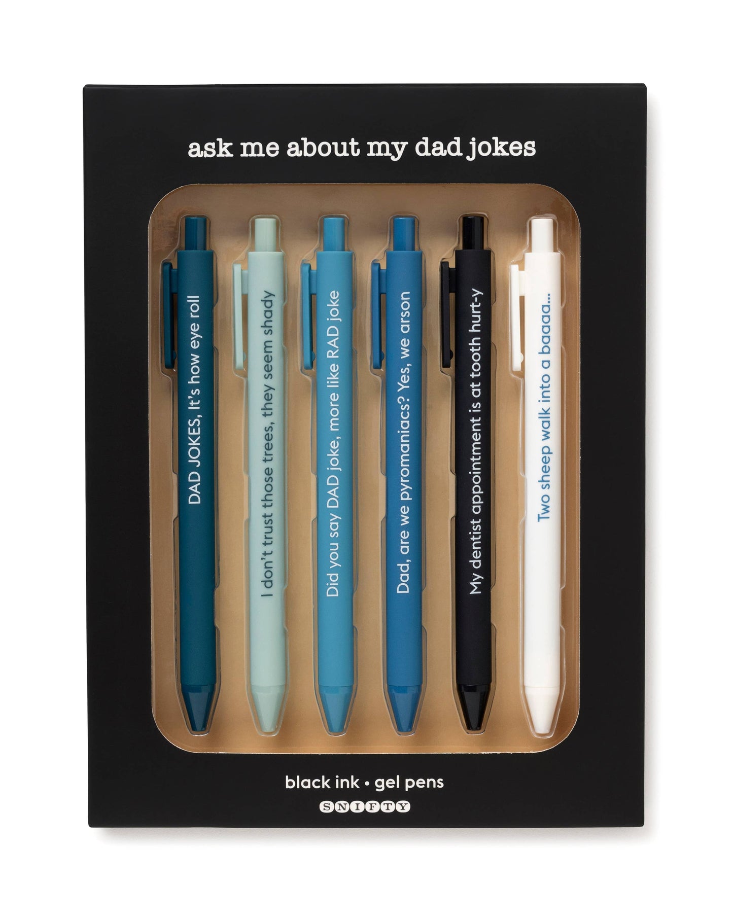 Set of six colorful pens with hilarious dad joke quotes in gift packaging