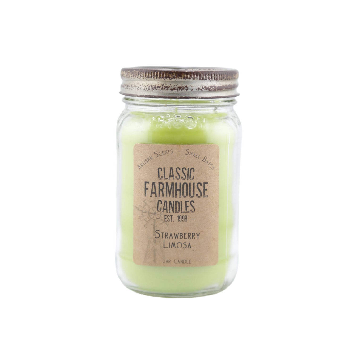 Green 14 oz jar candle with rustic lid and Strawberry Limosa label