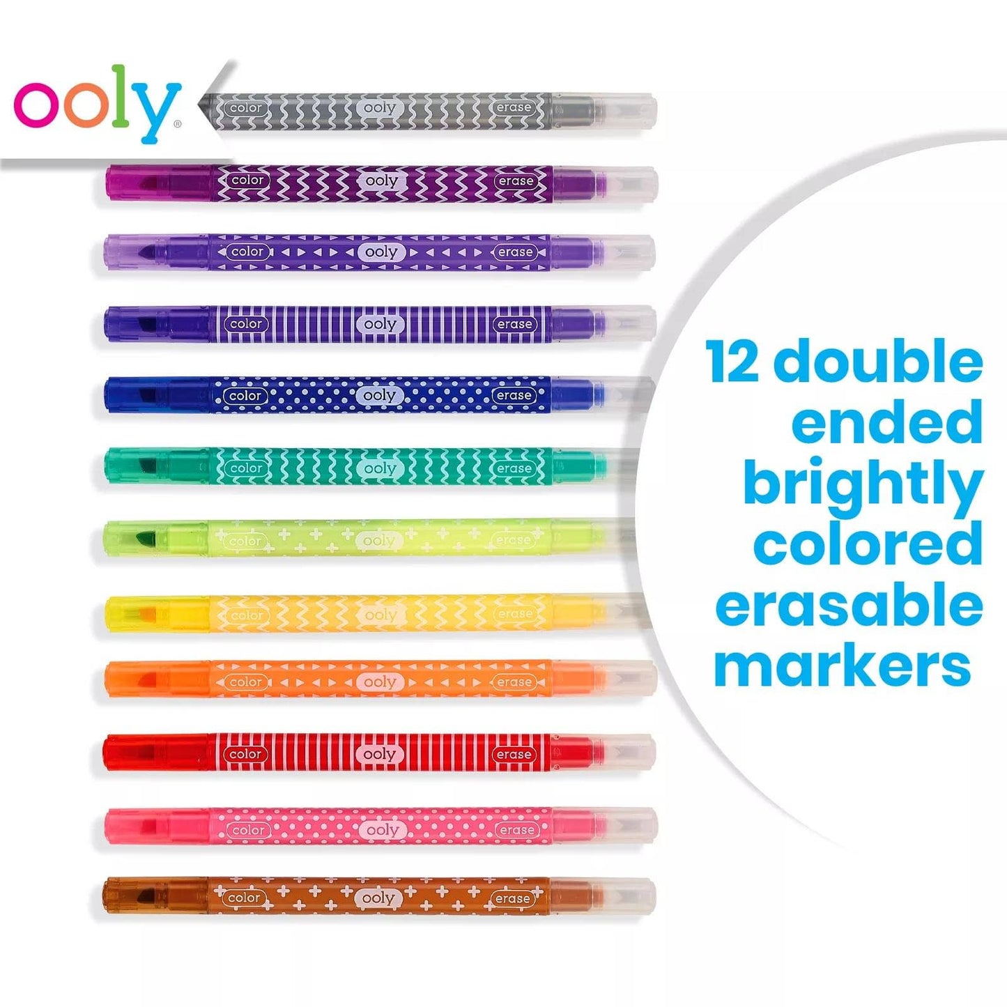 12 vibrant, double-ended erasable markers in bright colors for creative fun.