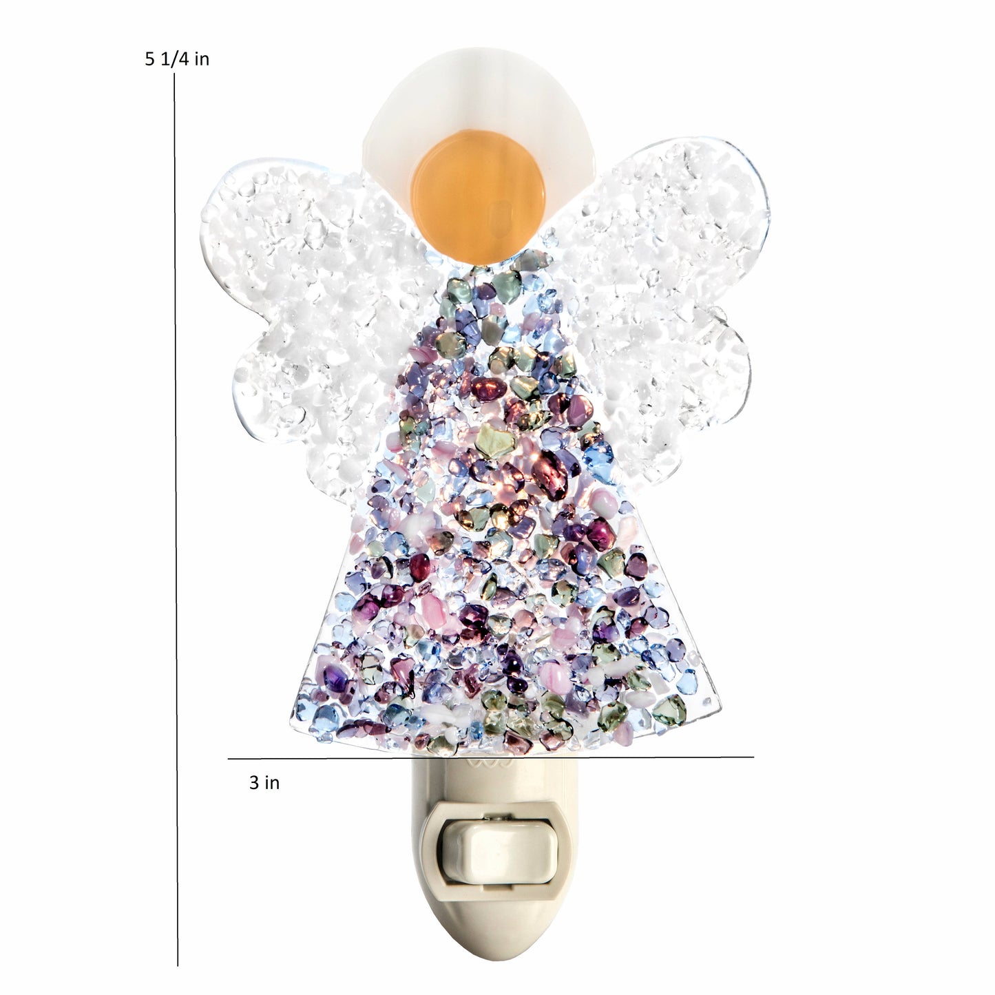 Fused glass angel night light with multicolor, sparkling design and white wings, perfect for Christmas decor.