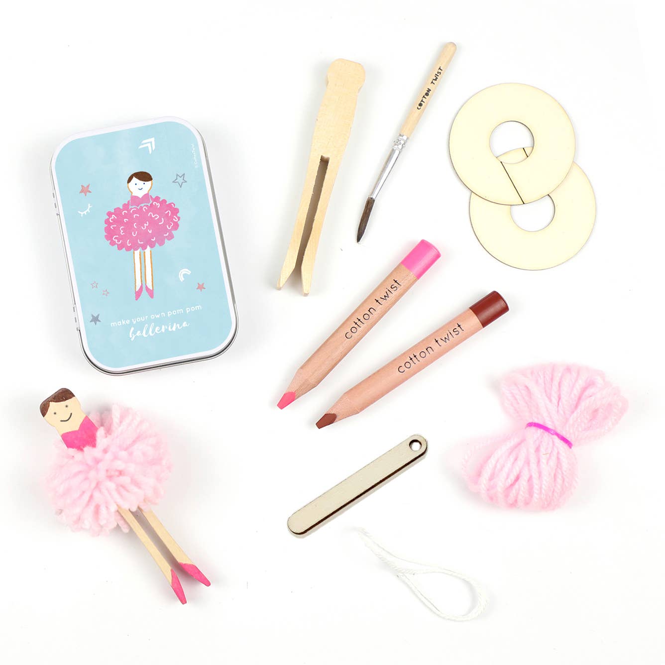 Make Your Own Pom Pom Ballerina craft kit with wooden peg, yarn, pencils, and accessories
