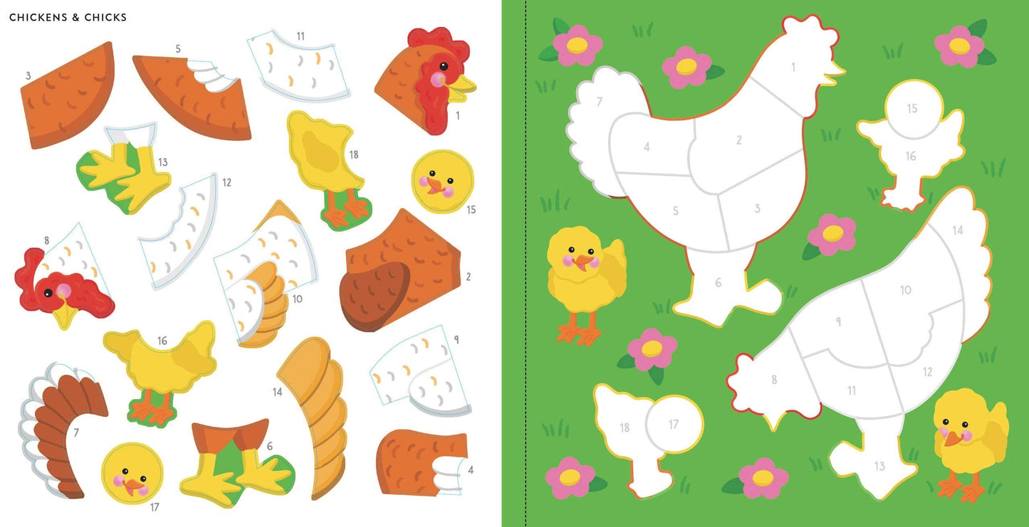 Color-by-sticker book featuring farm animals, including chickens and chicks, for kids' activities.