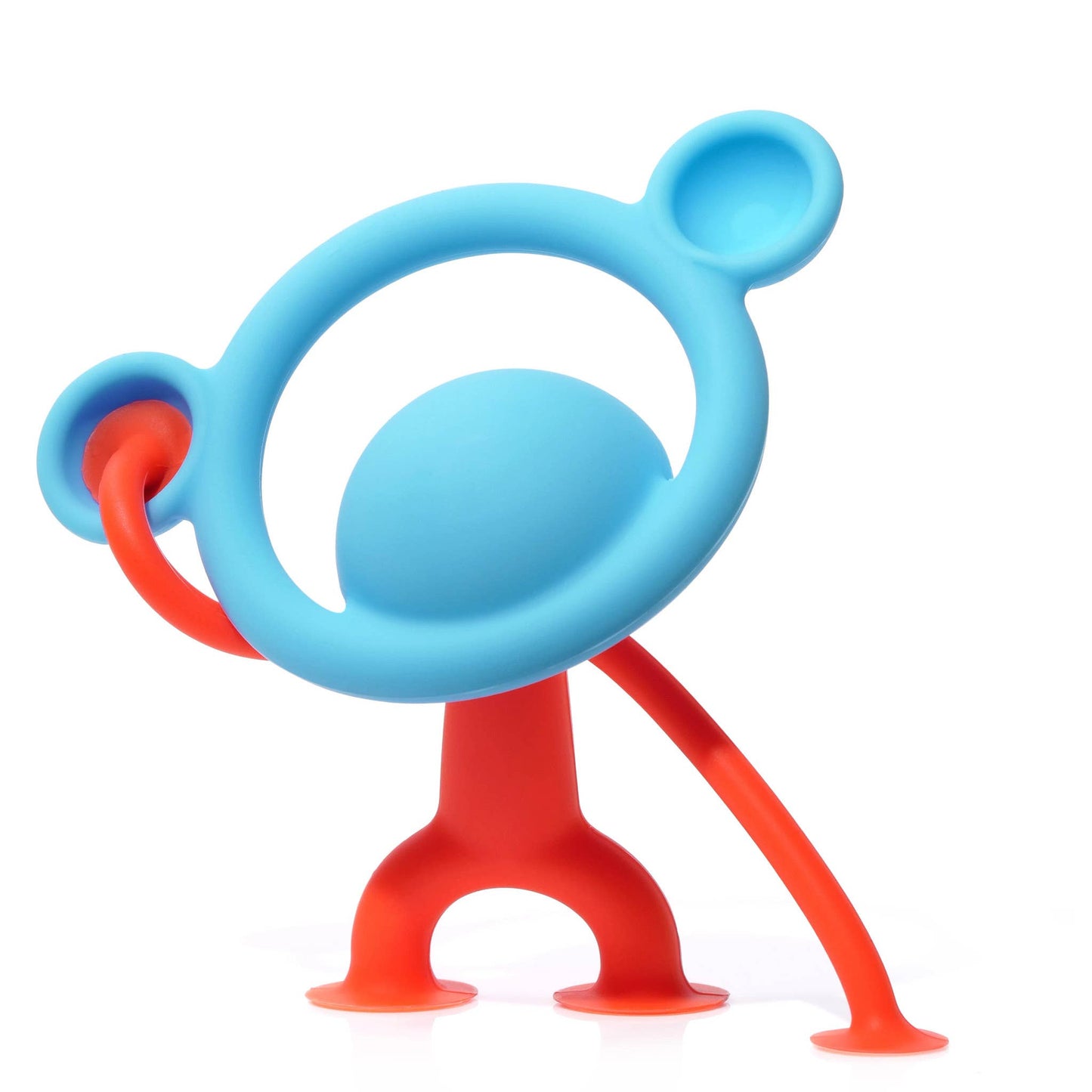 Bright blue and red silicone teething ring with a playful, animal-like design for baby comfort.