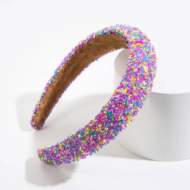 Lavender beaded headband with multicolored sprinkle-like accents