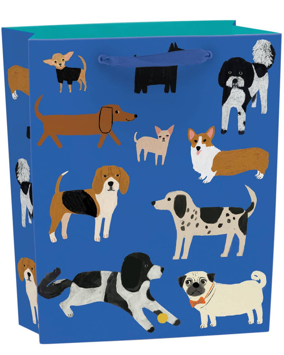 Medium blue gift bag with illustrated shaggy dogs and grosgrain ribbon handles