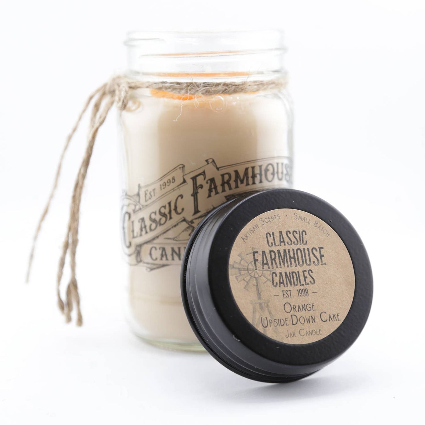 Orange Upside Down Cake scented mason jar candle with rustic twine and lid