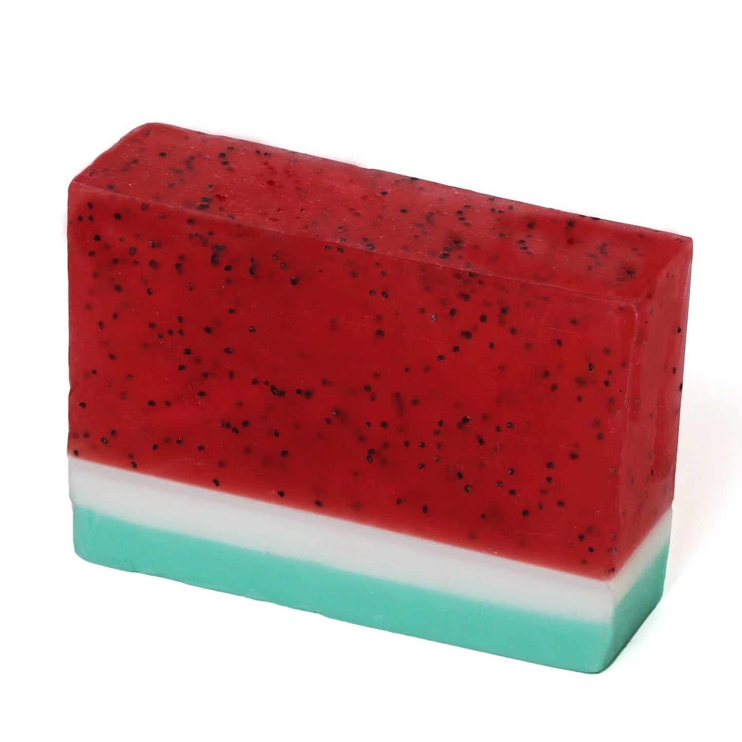 Watermelon slice-shaped glycerin soap bar with a red, white, and green color palette.