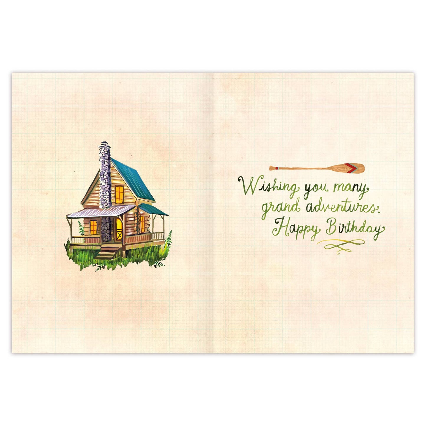 A6-sized birthday card featuring a hand-drawn log cabin and nature theme, wishing "Happy Birthday" with an adventure quote.