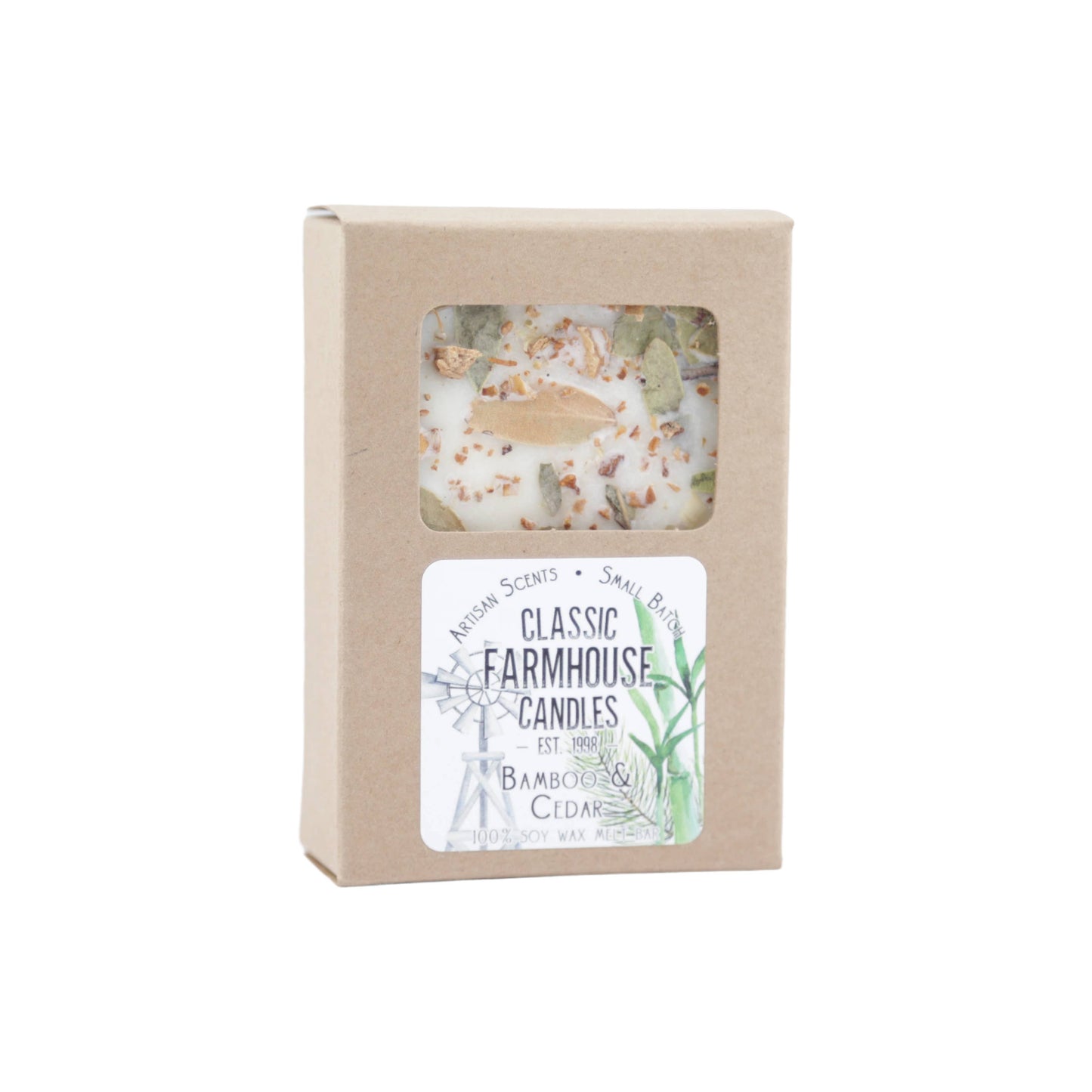 Soy wax melt bar in kraft box with botanical topping, labeled Bamboo & Cedar