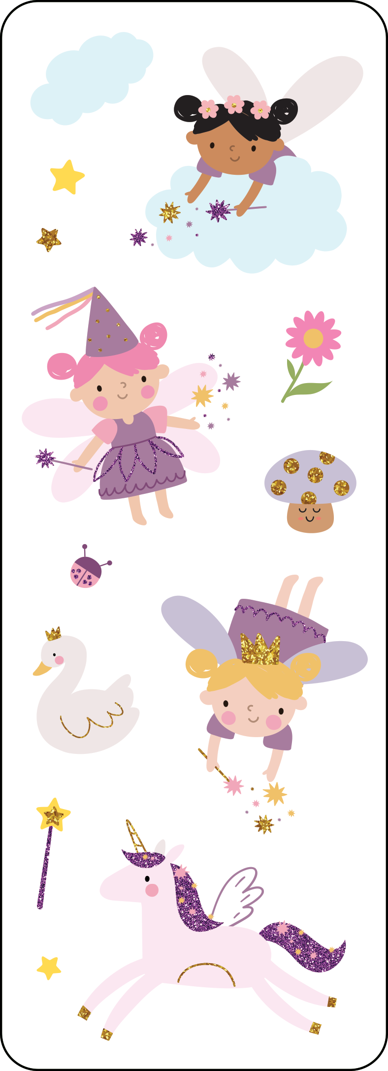 Colorful fairy stickers with holographic accents, featuring magical characters and glitter details.