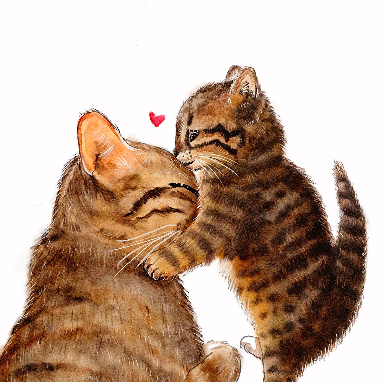 Charming watercolor illustration of a kitty mom and her cub sharing a loving moment with a tiny red heart.