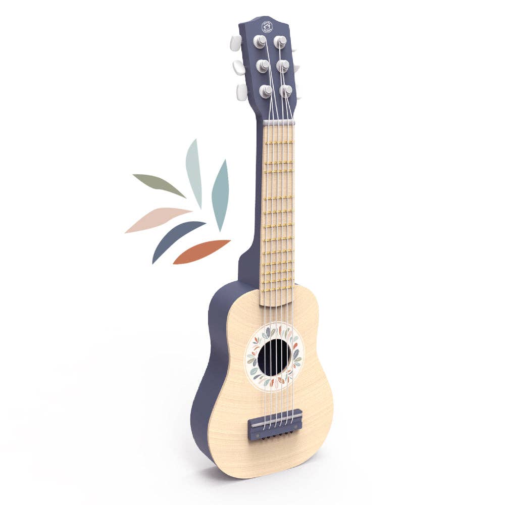 Wooden toy guitar with six nylon strings, natural and navy finish, and floral print around soundhole.