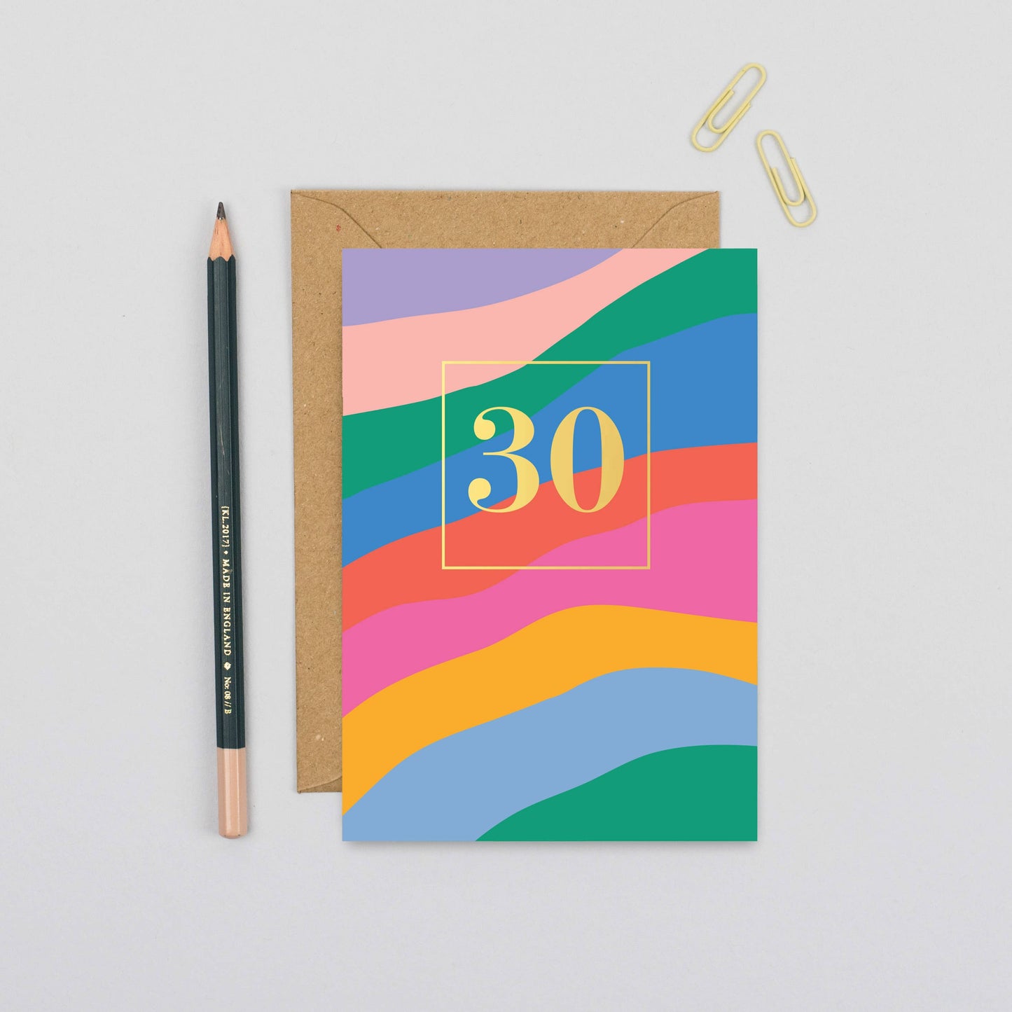 Colorful striped 30th birthday card with gold foil and kraft envelope