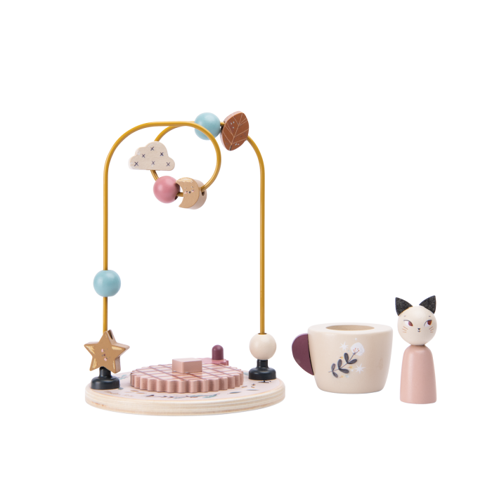 Wooden bead maze with spinning fox, featuring pastel beads, a star, and a charming fox figurine.