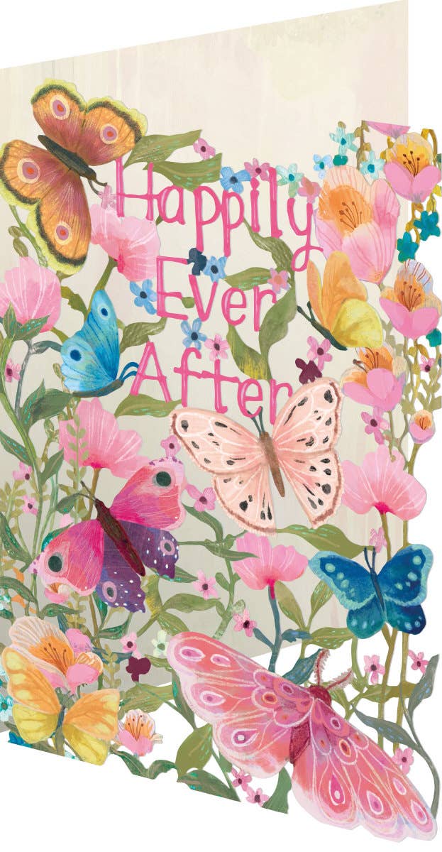 Laser-cut wedding card with colorful butterflies and floral design featuring 'Happily Ever After' text