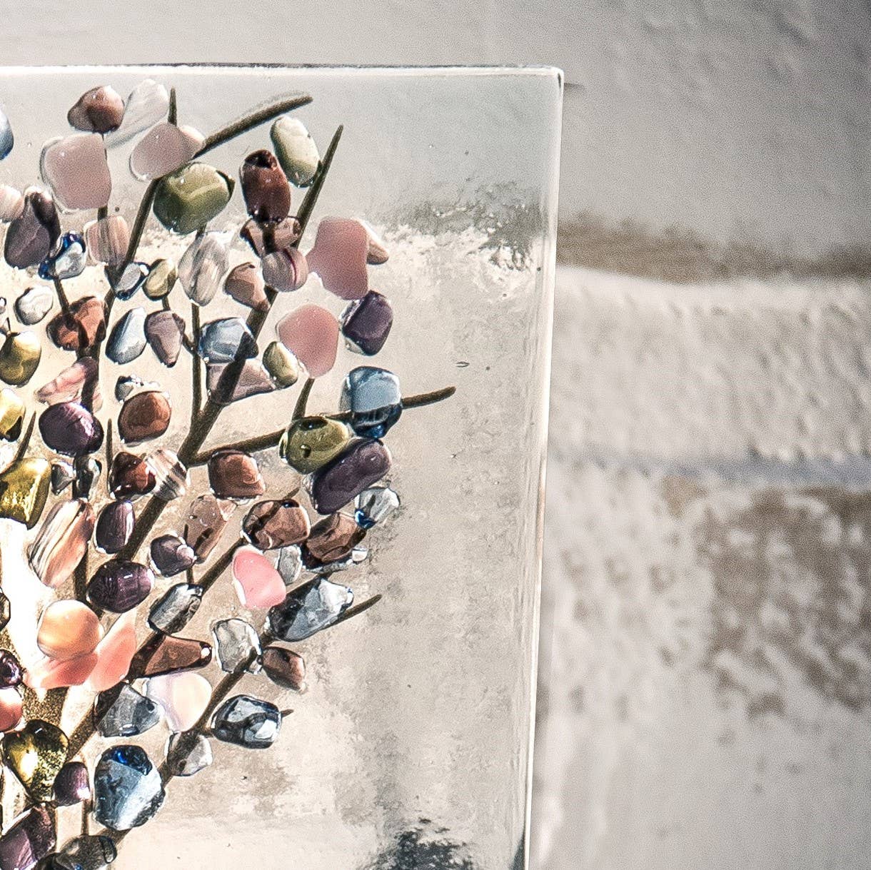 Fused glass night light featuring a vibrant autumn tree design with colorful leaves and branches.