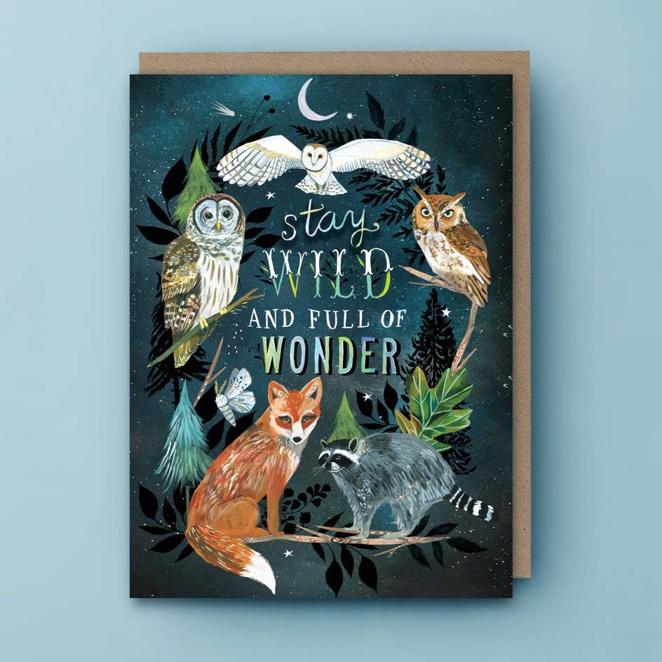 A6 birthday card with gold foil featuring colorful wild animals and the phrase "Stay wild and full of wonder."
