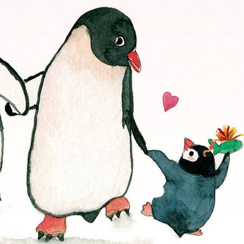 A charming Mother's Day card featuring a cute penguin family design with a baby penguin holding a gift.