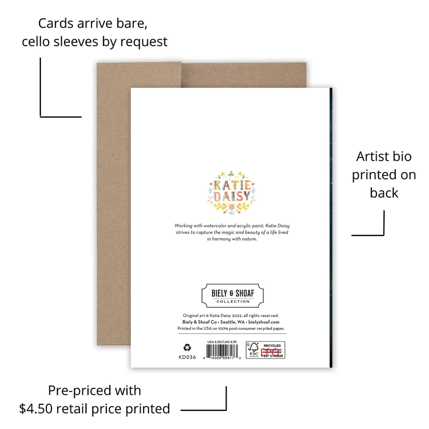 A6 size birthday card with gold foil, featuring a colorful floral design and artist bio on the back.