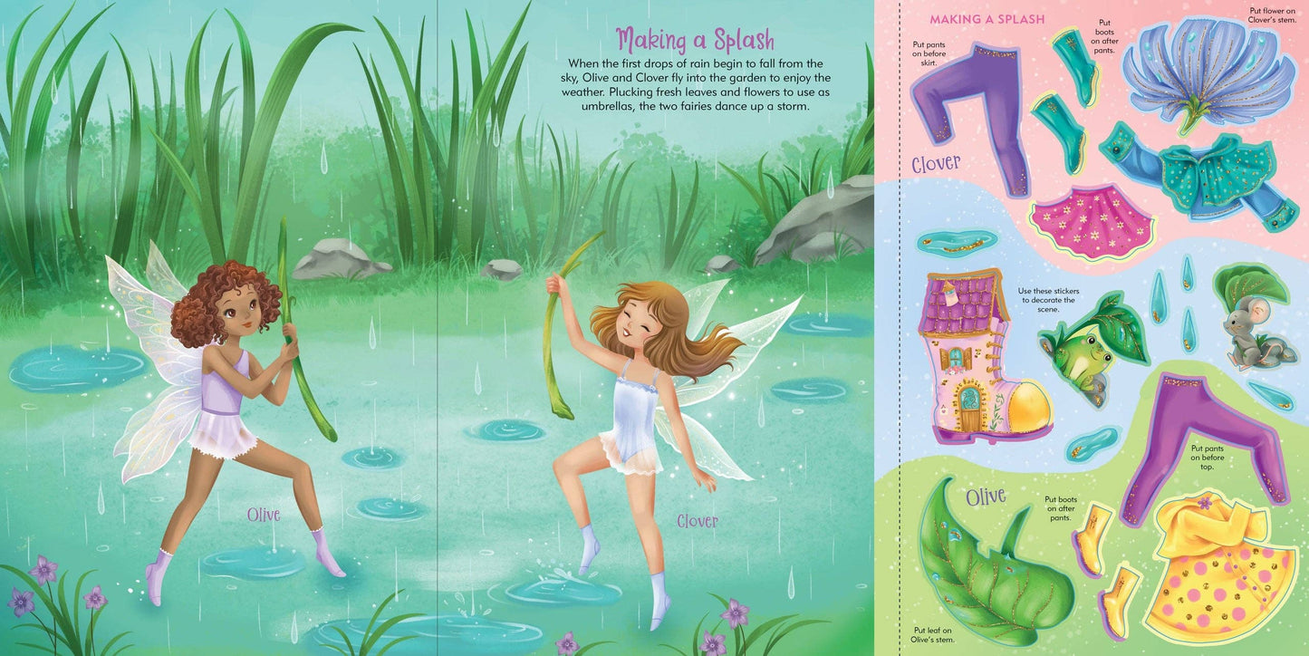 A colorful sticker book featuring fairies in a rainy garden, with over 200 stickers for dress-up fun.