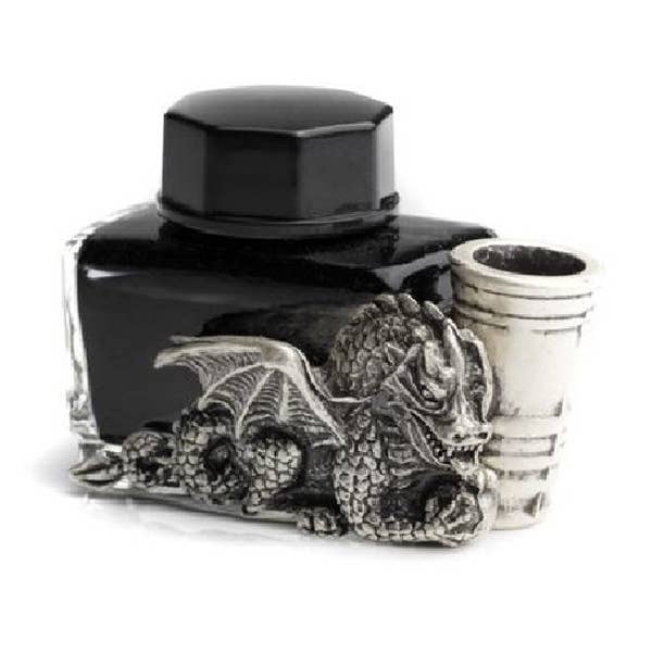 Glass inkwell with pewter dragon pen holder and black ink