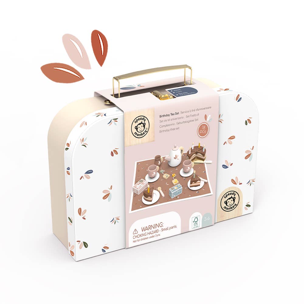 A multicolor wooden birthday tea set in a floral-patterned suitcase, perfect for pretend play.