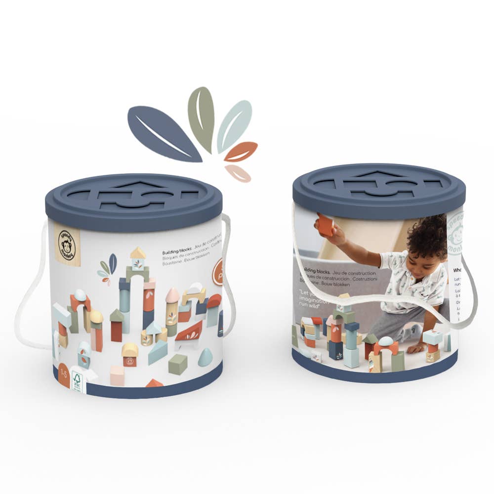 Wooden building blocks set in multicolor shapes, perfect for creative play, stored in a blue and white cylindrical container.