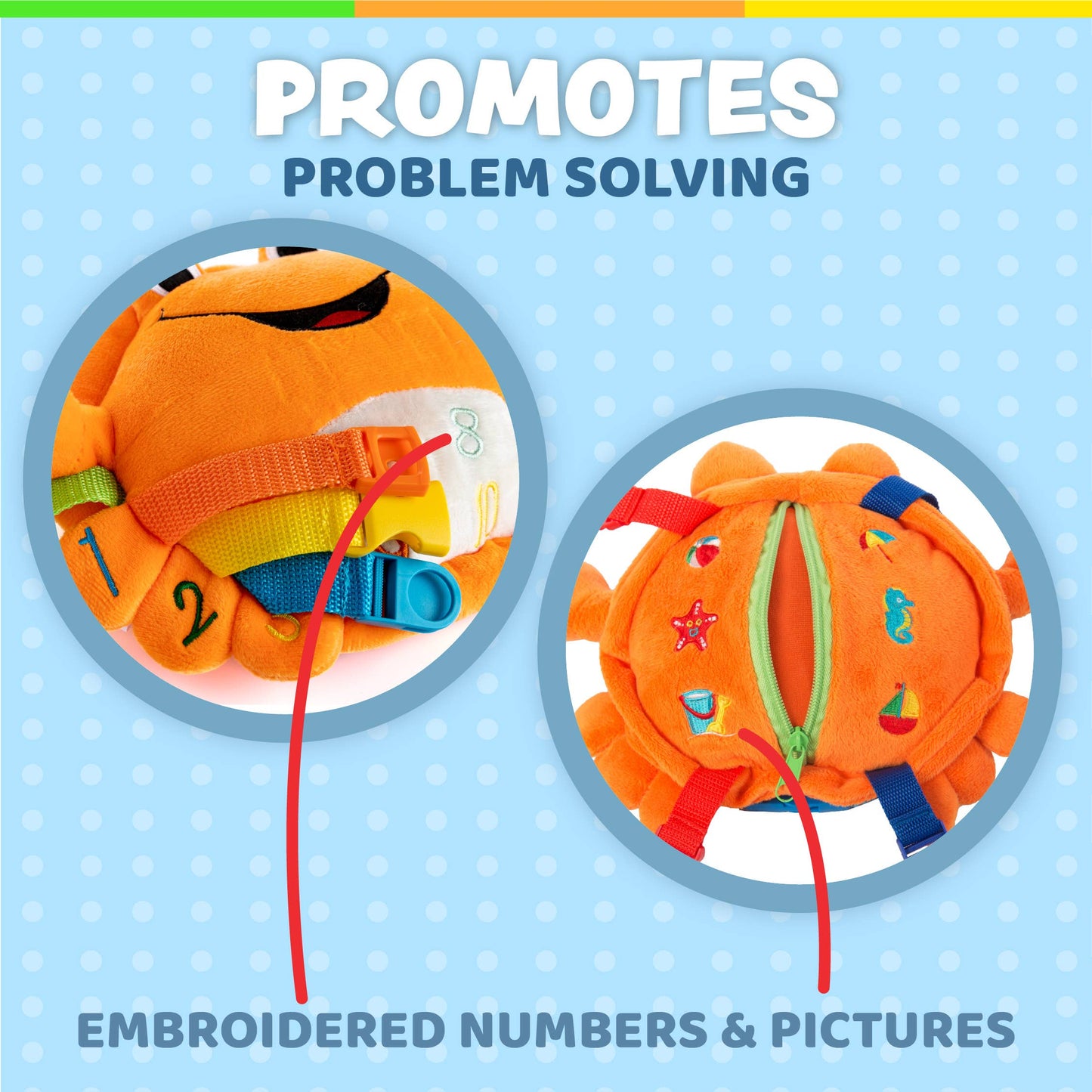 Bright orange plush crab toy with colorful buckles, embroidered numbers, and sea-themed pictures.