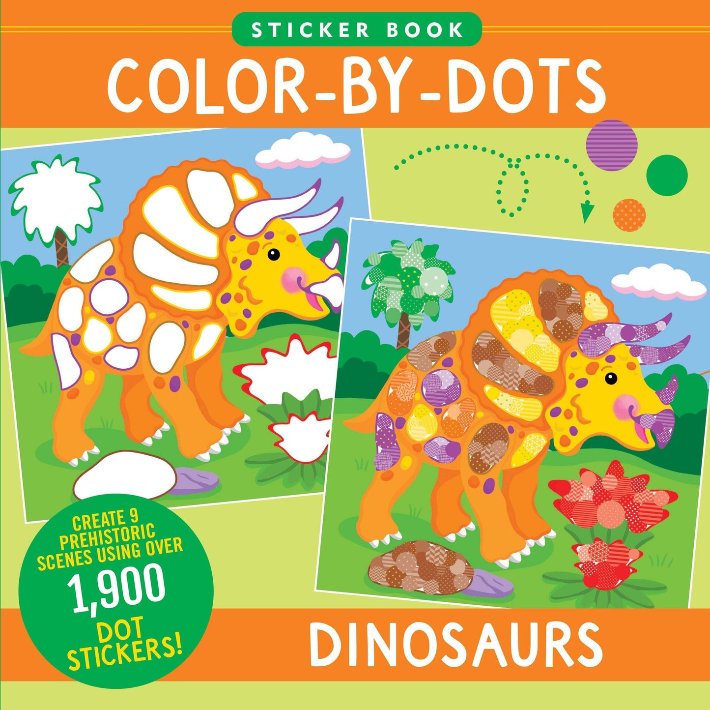 Dinosaur-themed color-by-dots sticker activity book for kids