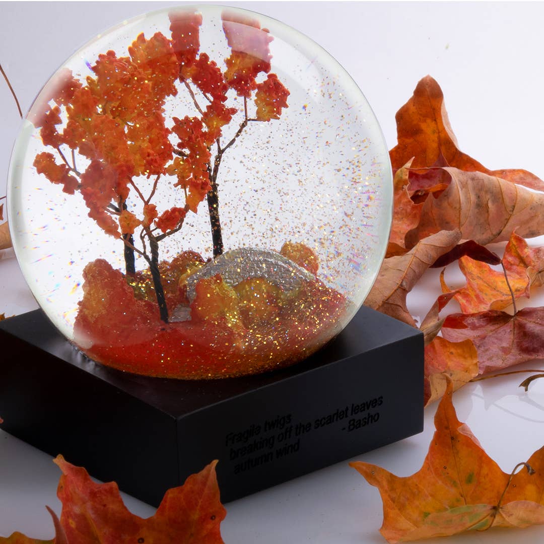 Autumn Snow Globe with Scarlet Leaf Scene – Black Base | Unique Gifts, Birthday Gift for Wife