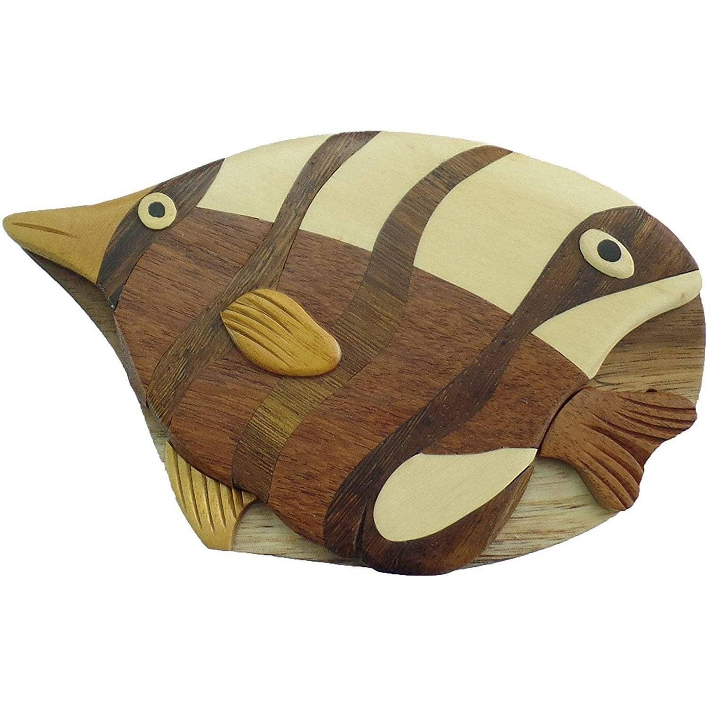 Hand-carved wooden angel fish box with natural wood tones and a red interior