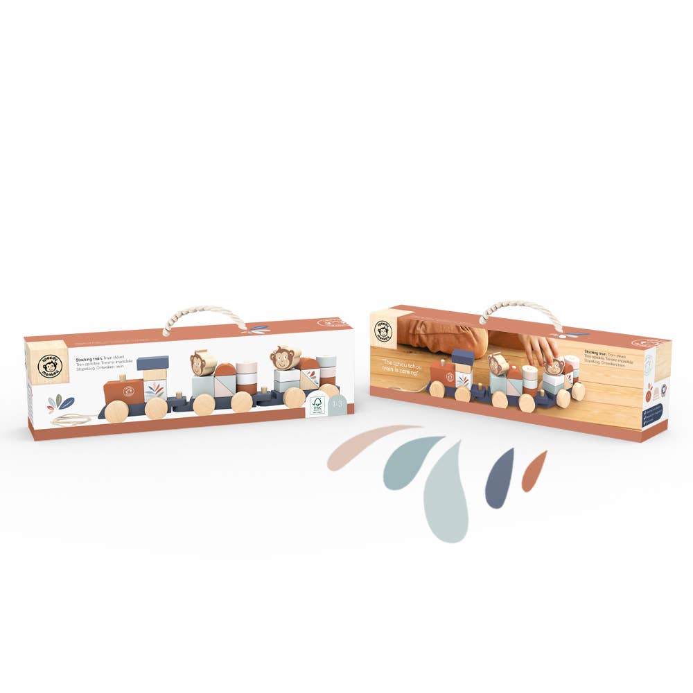 A wooden stacking train with multicolor blocks and monkey figures, perfect for toddler play.