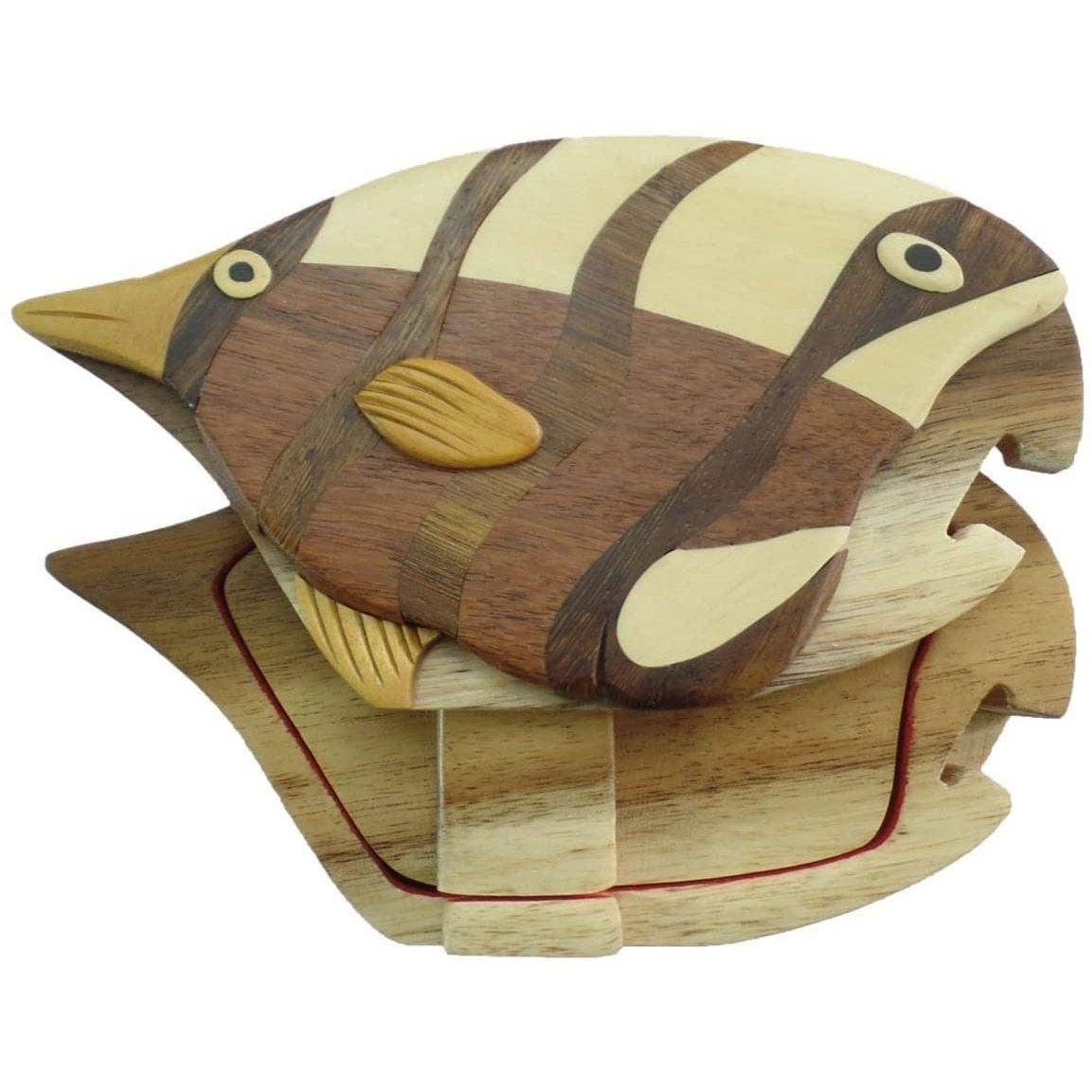 Hand-carved wooden keepsake box shaped like an angel fish with a red interior and striped design.
