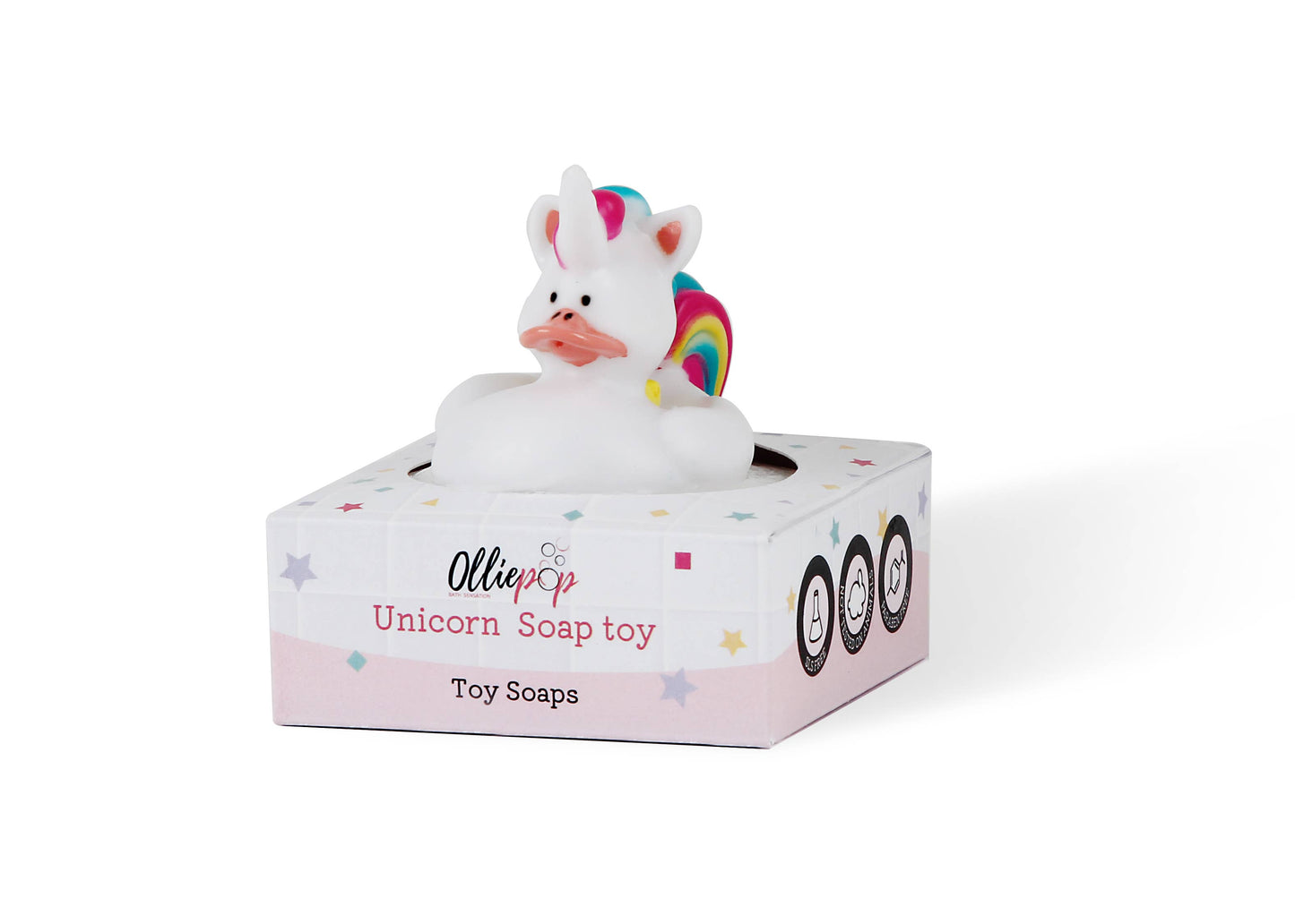 Handmade unicorn-shaped bar soap with rainbow mane and tail, perfect for playful bath time.