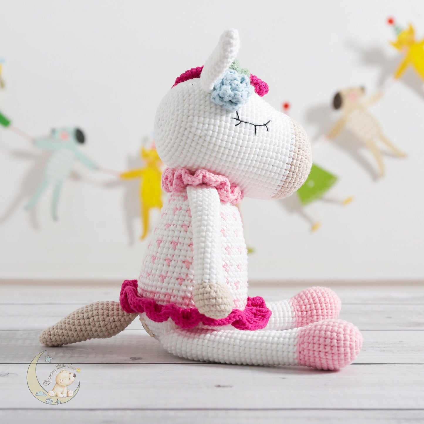 Unicornio de ganchillo hecho a mano, unicornio rosa y blanco, animales de peluche personalizados, regalos para baby shower, regalos para recién nacidos, juguetes de amigurumi para guardería