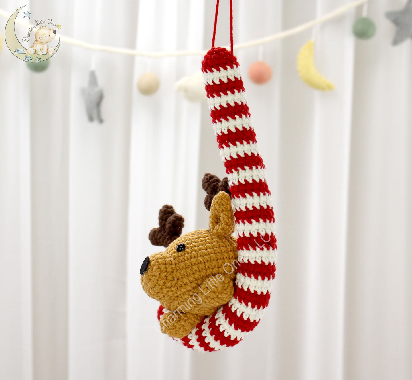 Crochet Candy Cane Ornament Reindeer - Handmade 9"