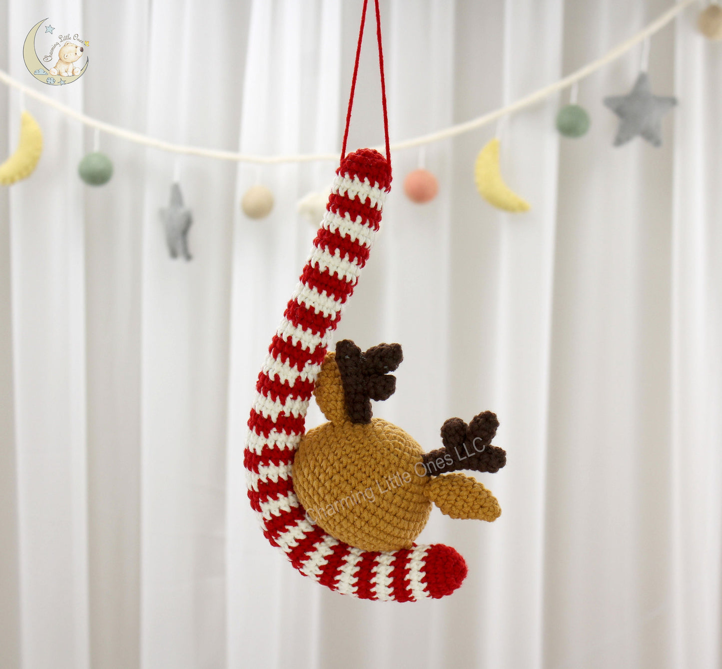 Crochet Candy Cane Ornament Reindeer - Handmade 9"
