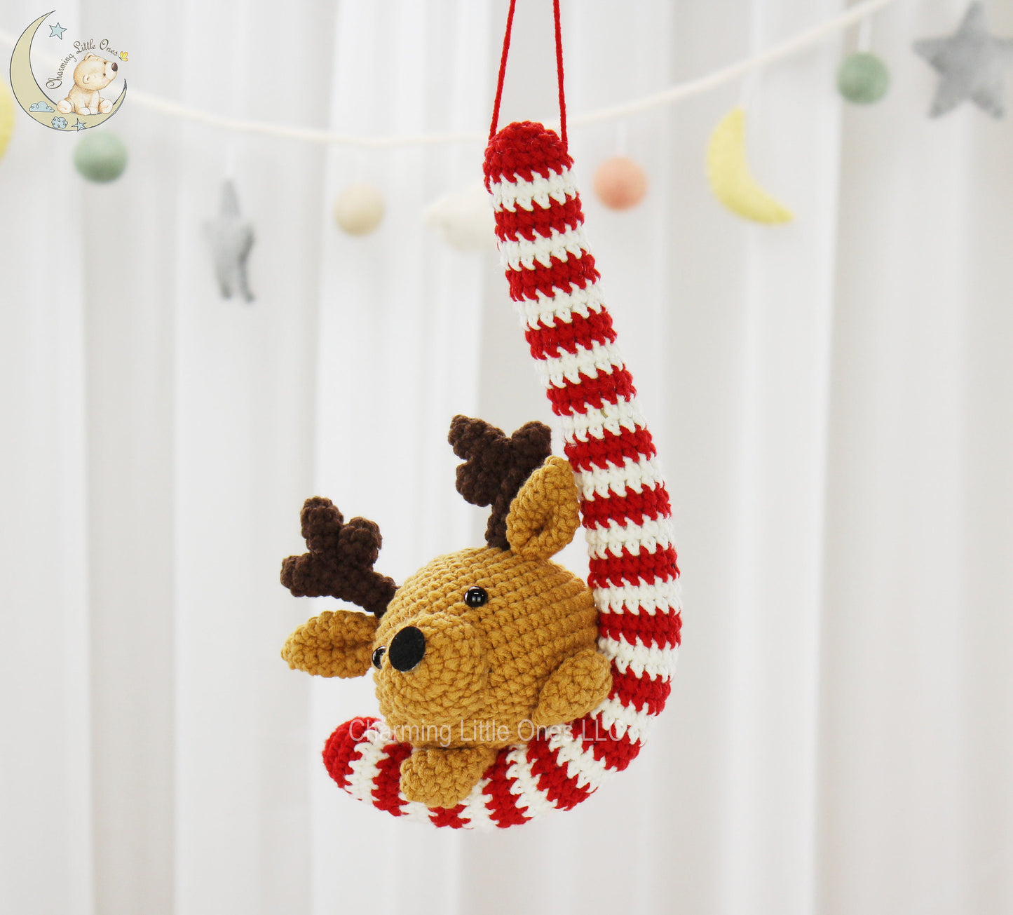Crochet Candy Cane Ornament Reindeer - Handmade 9"