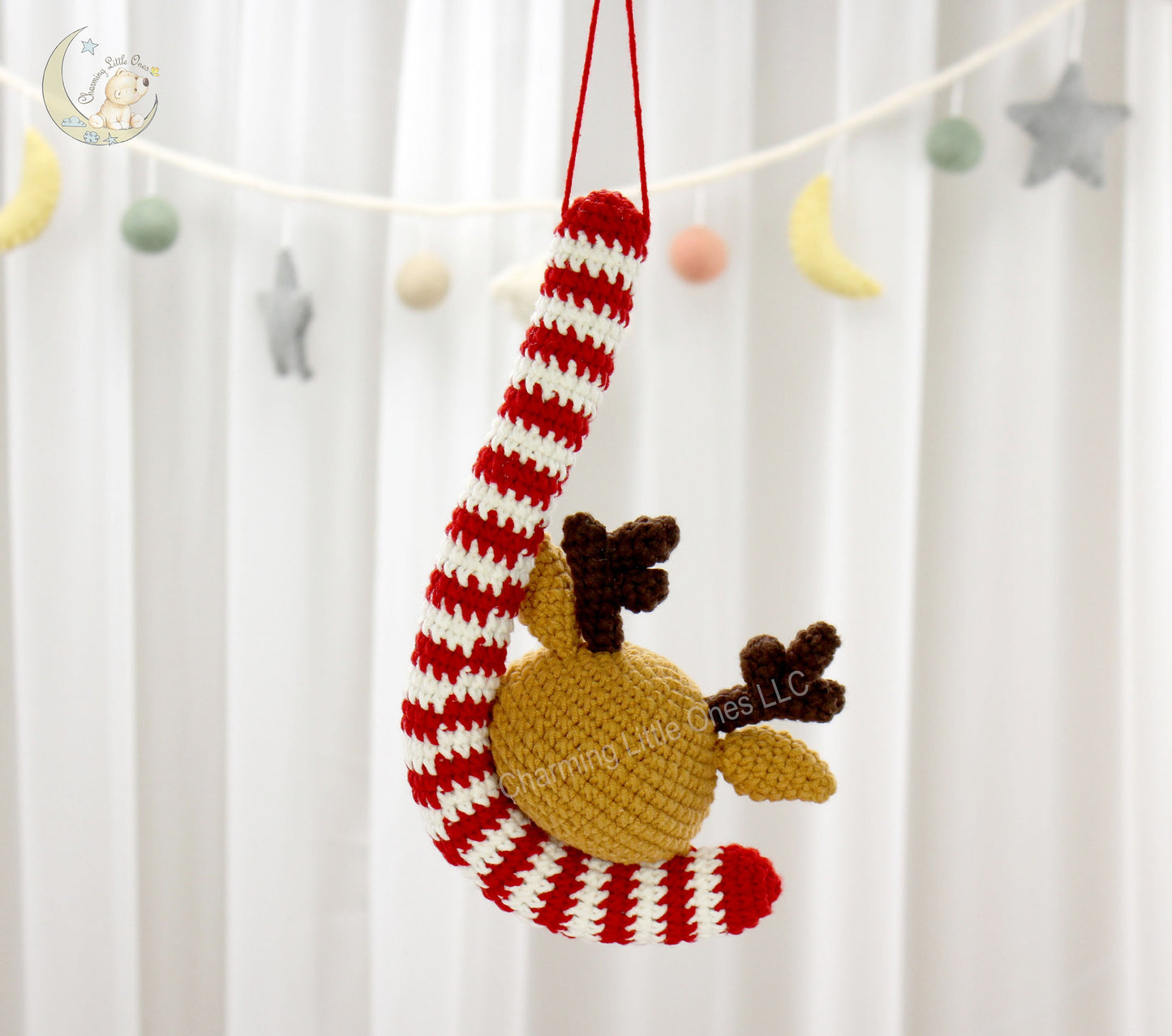 Crochet Candy Cane Ornament Reindeer - Handmade 9"