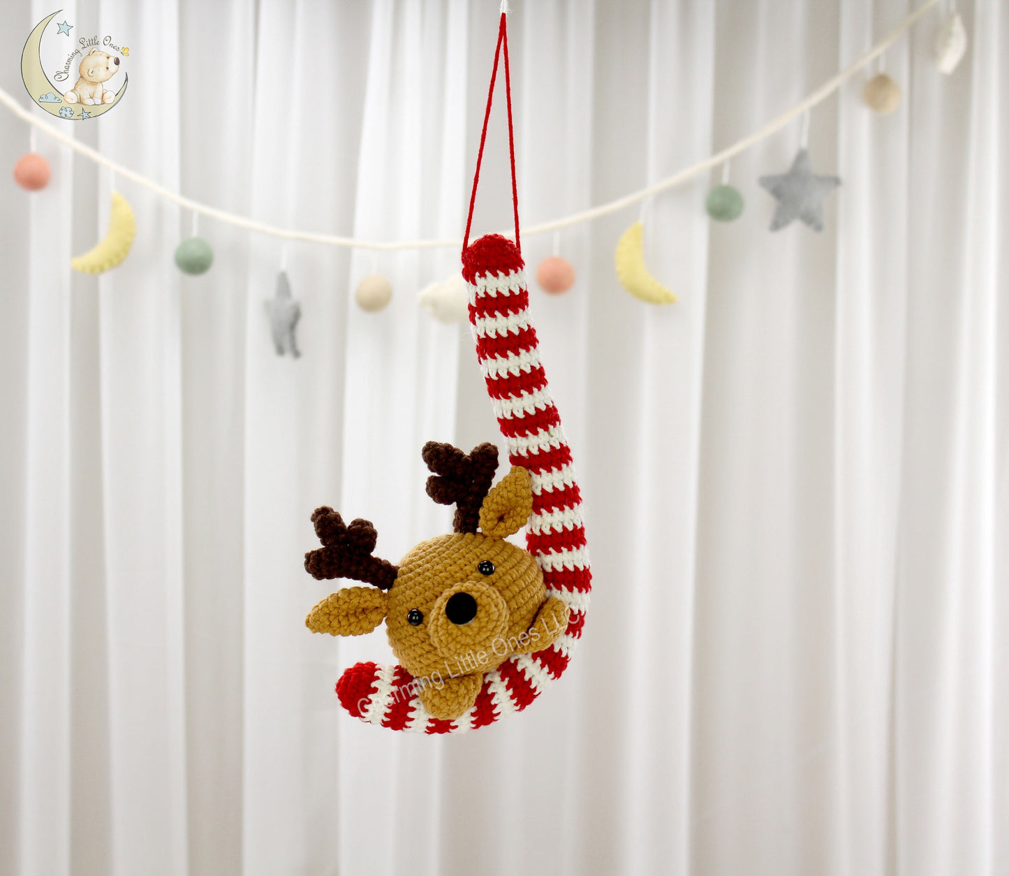 Crochet Candy Cane Ornament Reindeer - Handmade 9"