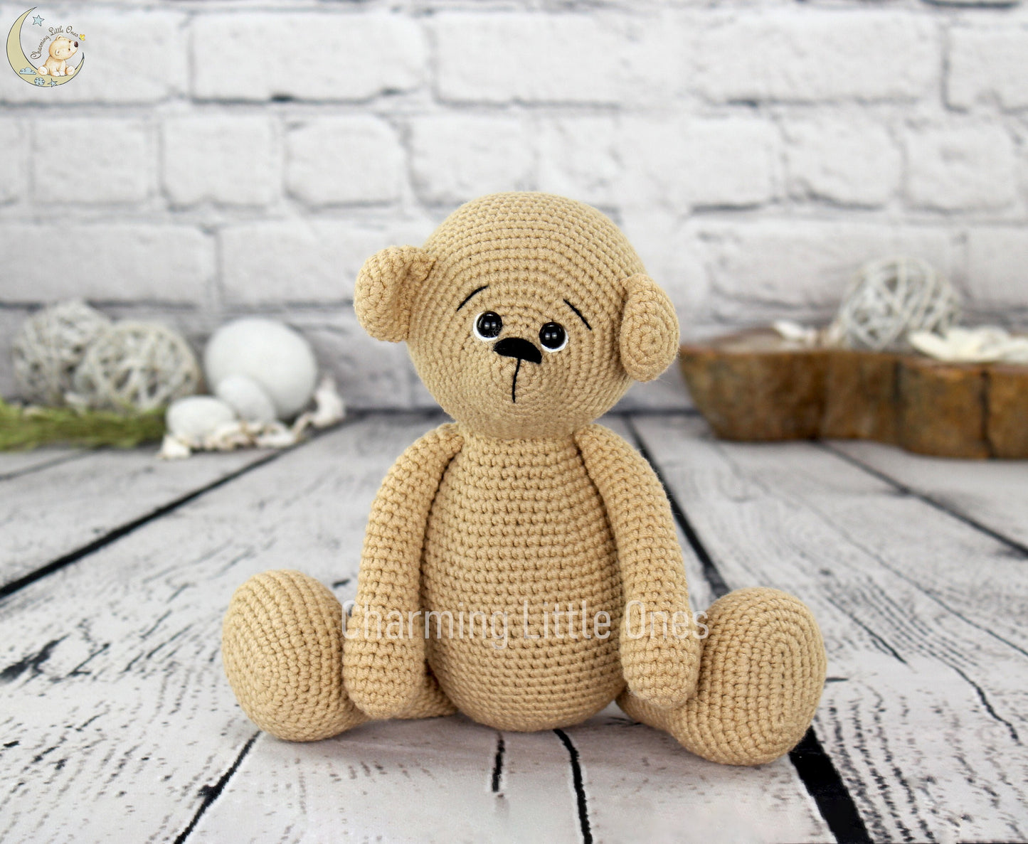 Handmade crochet bear, 10 inches tall, with soft beige yarn and cute black button eyes.