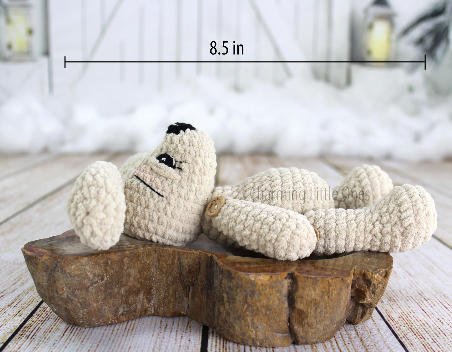 Handmade crochet dog in brown, white, and dark brown, 8.5 inches long, with a cozy, textured look.