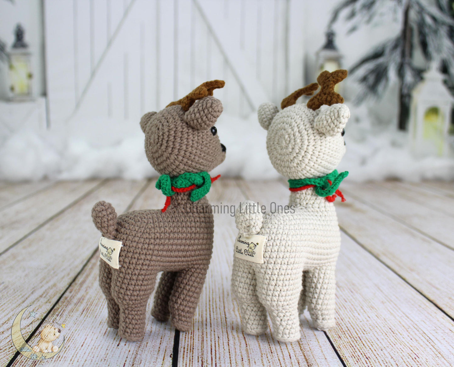 Handmade crochet reindeer, 6 inches tall, with brown and white colors, green bow, and festive antlers.