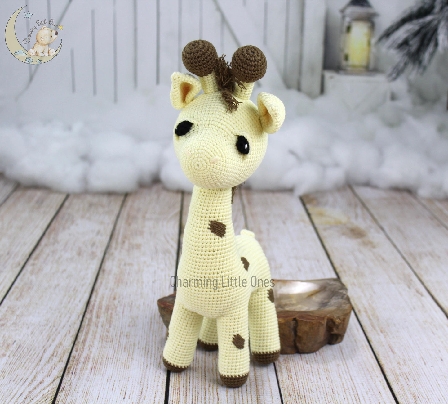 Handmade crochet giraffe with soft yellow and brown spots, standing tall at 14.5 inches.