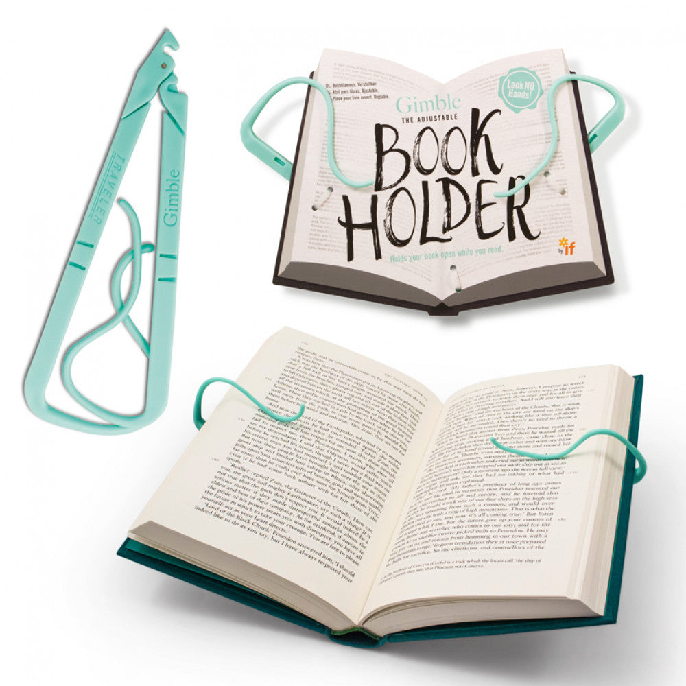 Aqua-colored adjustable book holder keeping paperback and hardcover books open