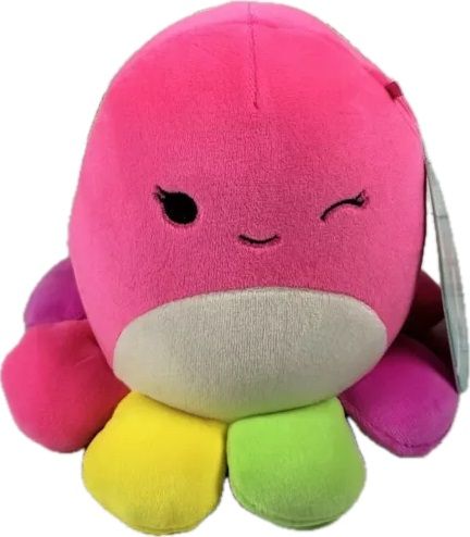 Bright pink Squishmallows octopus plush with rainbow tentacles and a winking face