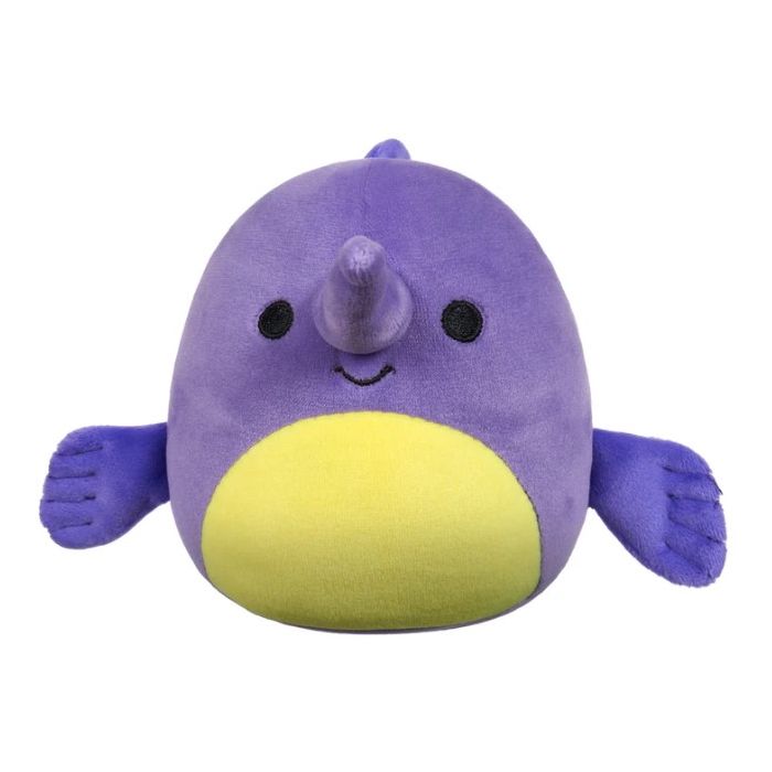 Plush purple swordfish with yellow belly and smiling face