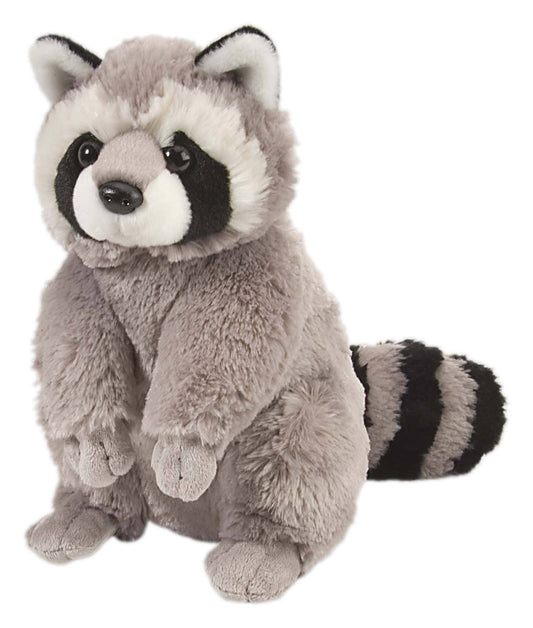 Soft plush raccoon stuffed animal sitting upright with striped tail
