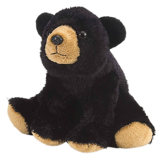Small black bear plush toy with tan-colored snout and paws